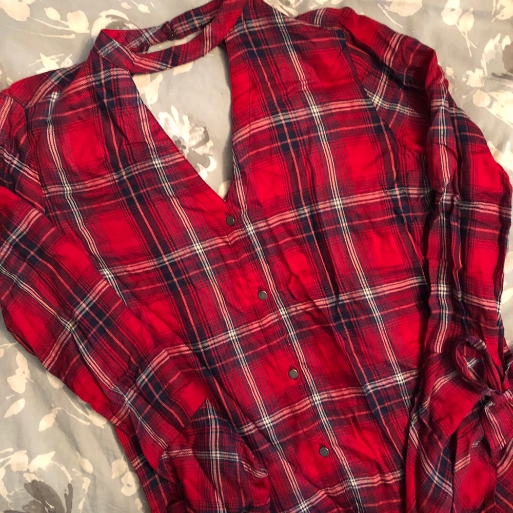 Plaid button down, v neck with bell sleeve detail